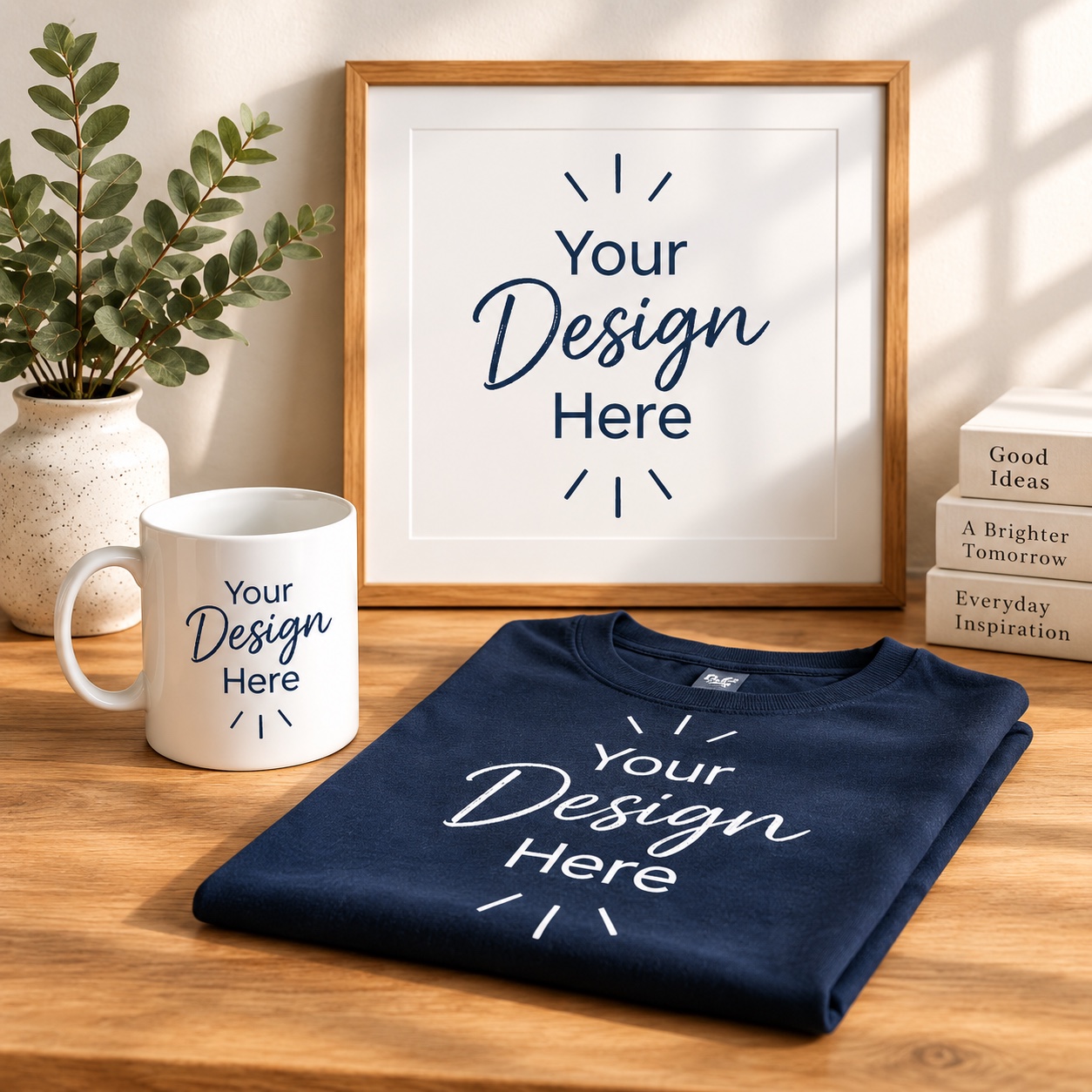 Mockups: T-Shirts, Tassen & Wandbilder